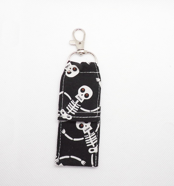 chapstick holder SKELETON lip balm keychain, sugar skull, Day of the dead fabric, HALLOWEEN party SKULL