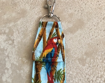 PARROT chapstick holder, parrot head keychain, tropical bird lip balm cozy, macaw & bamboo key fob, stocking stuffer
