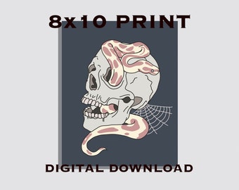 Skull And Snake Digital Art Print, Spooky, Spiderweb, Snake, Skull