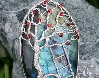 Sterling silver wire wrapped apple tree of life labradorite pendant
