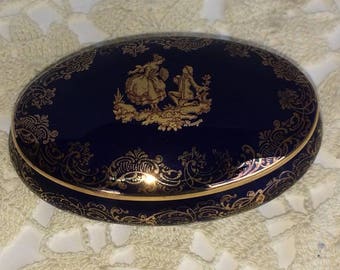 Limoges F&M Fontanelle and Maraud Cobalt Blue Trinket Box with Gold Trim
