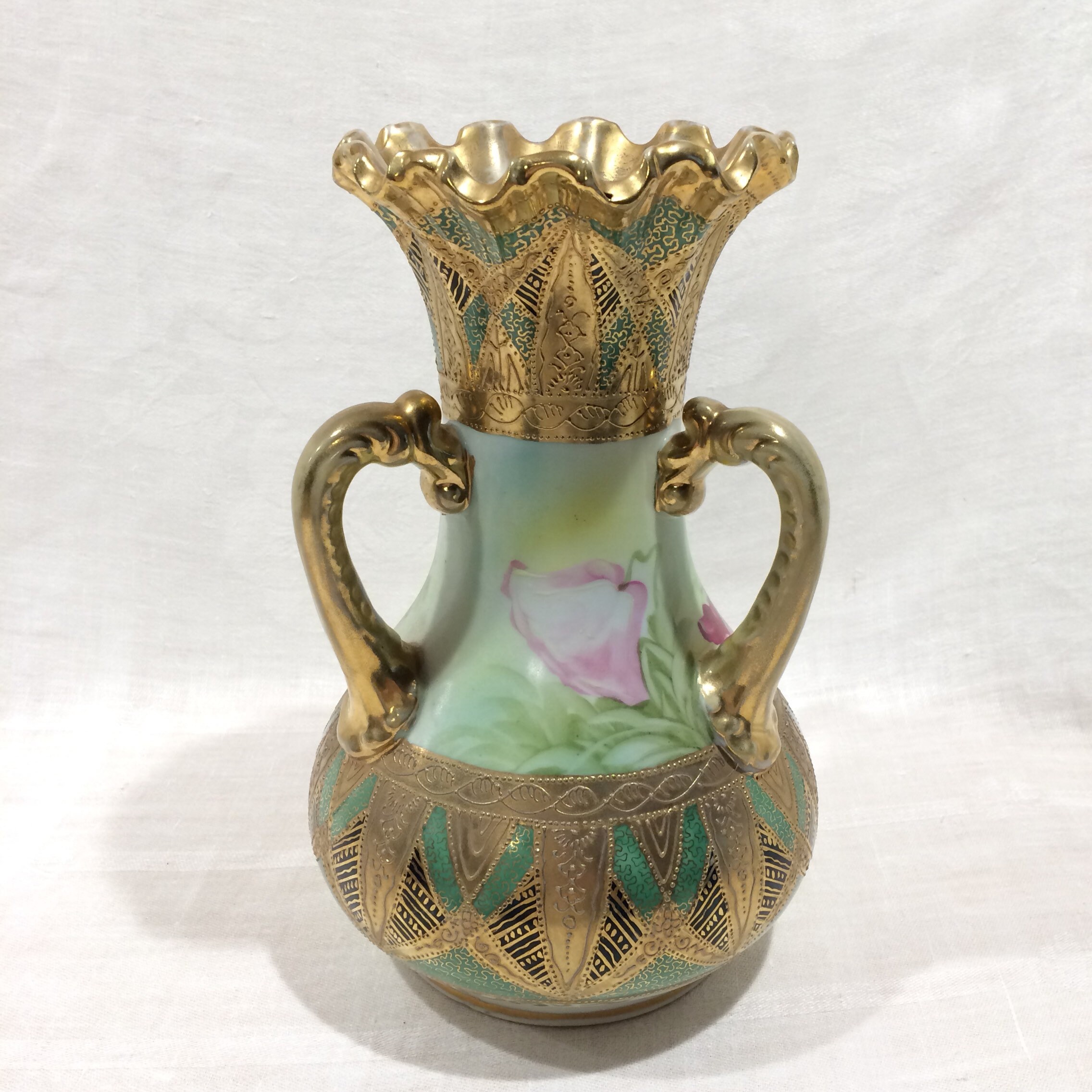 Blue Maple Leaf Nippon Hand Painted Vase Moriage 3 Handle 10 Ruffle Top