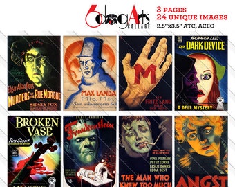 24 Vintage Horror Movie Posters 2.5"x3.5" ATC ACEO Cards Digital Collage Sheets Printable Download for Scrapbooking, Paper Crafts JC-157
