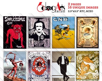 16 Vintage Advertising Posters 2.5"x3.5" ATC ACEO Cards Digital Collage Sheets Printable Download for Scrapbooking, Paper Crafts JC-191