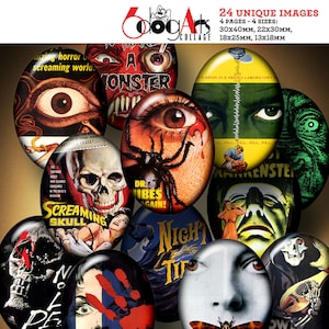May include: A collage of 24 unique images featuring vintage horror movie posters. The images are in various sizes and are arranged in a circular pattern. The images are all in color and feature a variety of horror movie themes, including monsters, skulls, and blood. The text "DogArts Collage" is visible in the bottom right corner of the image.