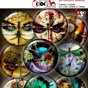 Steampunk Dream Digital Collage Sheets Printable Download Bottle Caps Pendants Paper Crafts 1.5, 1.25, 1, 30mm, 25mm Circles JC-369C image 2