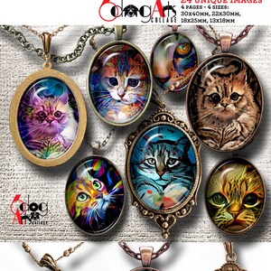 Cat Painting Digital Collage Sheets Printable Download Pendants Cabochons Paper Crafts 30x40mm, 22x30mm, 18x25mm, 13x18mm Ovals JC-002O image 2