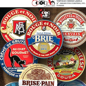 May include: A collage of vintage cheese labels, featuring circular designs with text and illustrations. Labels include "Brie," "Gouda," and "Swiss Gruyere," with various colors and fonts. The labels are approximately 4 inches in diameter.