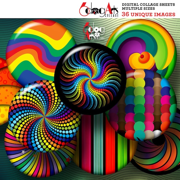 Rainbow Swirls Digital Collage Sheets Printable Download Mini Bottle Caps Pendants Paper Crafts 20mm, 18mm, 16mm, 14mm, 12mm Circles JC-251C