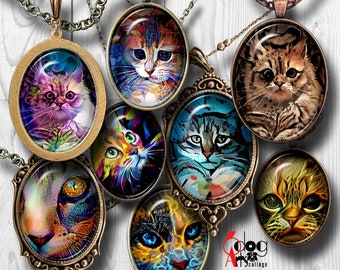 Cat Painting Digital Collage Sheets Printable Download - Pendants Cabochons Paper Crafts 30x40mm, 22x30mm, 18x25mm, 13x18mm Ovals JC-002O