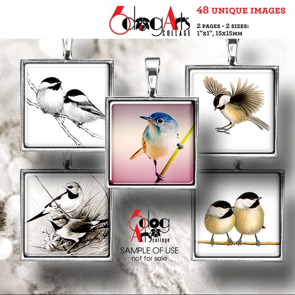 Birds Minimal 1", 15mm Squares Digital Collage Sheets Printable Instant Download for Pendants Glass Cabochons JC-230S