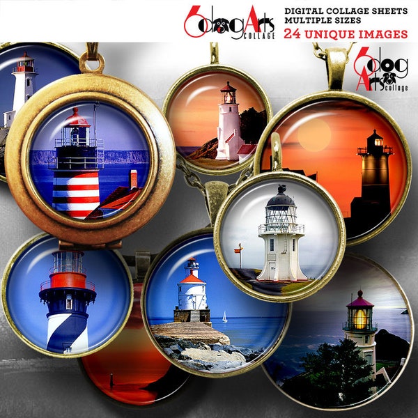 Lighthouses Digital Collage Sheets Printable Download for Pendants Cabochons Paper Crafts 20mm, 18mm, 16mm, 14mm, 12mm Circles JC-203C