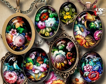 Russian Folk Art Digital Collage Sheets Printable Download Pendants Cabochons Crafts 30x40mm, 22x30mm, 18x25mm, 13x18mm Ovals JC-045O