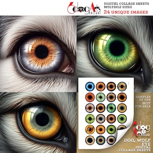 Hojas de collage digital de ojos de perro y lobo, chips de iris imprimibles, manualidades de taxidermia con papel, círculos de 1,5, 1,25 y 1 pulgada, 30 y 25 mm, JC-473