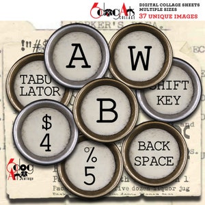 May include: A set of eight vintage typewriter keys with gold and silver accents. The keys feature letters, numbers, and symbols, including "A", "W", "B", "$4", "%5", "TABULATOR", "SHIFT KEY", and "BACK SPACE".