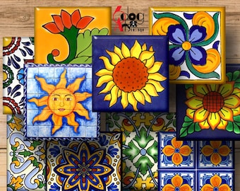 40 4"x4" Mexican Talavera Tiles Digital Collage Sheets Printable Download Square Coasters Paperweights Magnets Scrapbooking Crafts JC-211