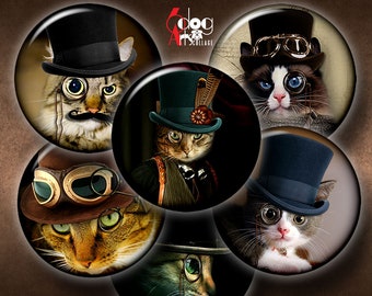 Steampunk Cat Digital Collage Sheets for Pendants Glass Cabochons Scrapbooking Crafts 20mm, 18mm, 16mm, 14mm, 12mm Circles JC-410C