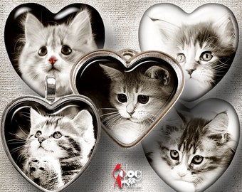 Sepia Kittens Digital Collage Sheets Printable Download - Pendants Cabochons Scrapbooking Jewelry Supplies 1.5x1.5 & 1x1 inch Hearts JC-155H