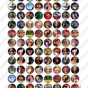 May include: A sheet of 64 round, vintage-style horror movie images. Each image is a different design, featuring classic monster movie posters and characters in a variety of colors. The images are arranged in an organized grid.