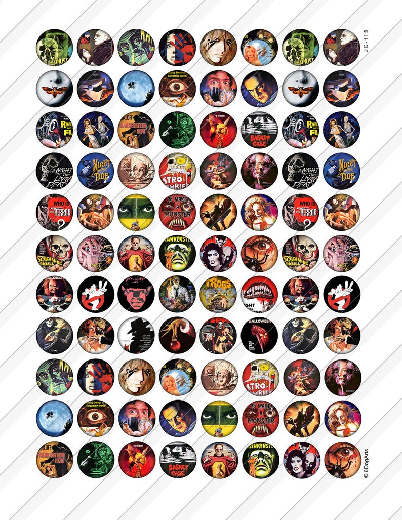May include: A sheet of 64 round, vintage-style horror movie images. Each image is a different design, featuring classic monster movie posters and characters in a variety of colors. The images are arranged in an organized grid.