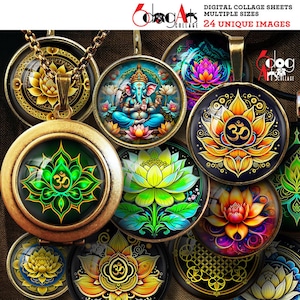 Fogli di collage digitale con loto sacro OM Ganesha, stampabili, scaricabili, cabochon in vetro per scrapbooking, 1,5" 1,25" 1" 30 mm 25 mm, cerchi JC-457C