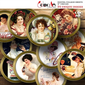 Vintage Coca Cola Ad Girls digitale collagebladen afdrukbare download 4" cirkels voor onderzetters, presse-papiers, magneten, scrapbooking JC-345