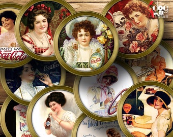 Vintage Coca Cola Ad Girls Digital Collage Sheets Printable Download 4" Circles for Coasters, Paperweights, Magnets, Scrapbooking JC-345