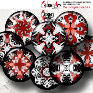 May include: Set of eight round digital collage sheets featuring black, white, and red geometric patterns. The patterns are symmetrical and have a mandala-like design.