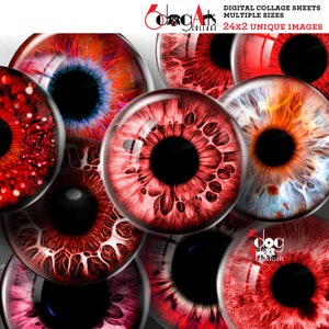 Red Doll Blythe Eyes Digital Collage Sheets Printable Pupils Irides Cabochons Pendants 20mm 18mm 16mm 14mm 12mm 10mm 8mm Circles JC-356