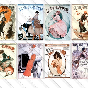 May include: Collection of vintage French magazine covers titled "La Vie Parisienne" and other related posters. The images feature Art Nouveau illustrations of women, fashion, and events from the early 20th century, with text in French.