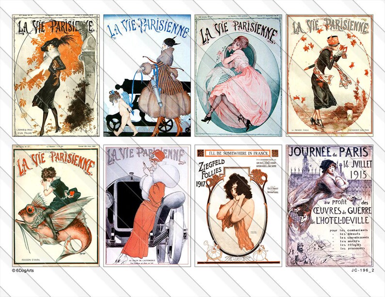 May include: Collection of vintage French magazine covers titled "La Vie Parisienne" and other related posters. The images feature Art Nouveau illustrations of women, fashion, and events from the early 20th century, with text in French.
