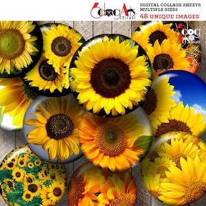 Sunflowers Digital Collage Sheets Printable Download Pendants Glass Cabochons Scrapbooking Crafts 1.5&quot; 1.25&quot; 1&quot; 30mm 25mm Circles JC-186C