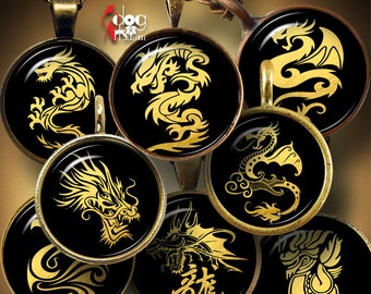 Golden Dragons Digital Collage Sheets Printable Downloads for Mini Bottle Caps Pendants Cabochons 20, 18, 16, 14, 12mm Circles JC-205
