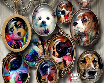 Dog Painting Digital Collage Sheets Printable Download - Pendants Cabochons Paper Crafts 30x40mm, 22x30mm, 18x25mm, 13x18mm Ovals JC-003O