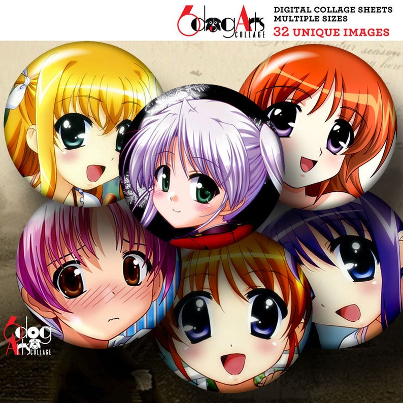 Anime Manga Digital Collage Sheets Printable 1.629", 1.373" Circles for 1.25", 1" Buttons, Magnets, Glass Cabochons Digital Download JC-181B image 1