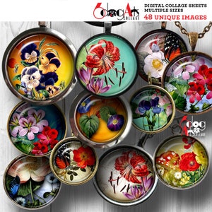 Flower Designs Digital Collage Sheets Printable Downloads for Mini Bottle Caps Pendants Earrings 20mm, 18mm, 16mm, 14mm, 12mm Circles JC-209