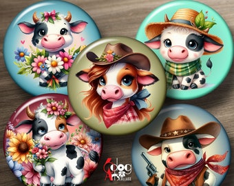 Cartoon Cow Digital Collage Sheets Printable 2.755", 1.85", 1.629", 1.375" Circles for 2.25", 1.5", 1.25" Buttons Pocket Mirrors JC-470B