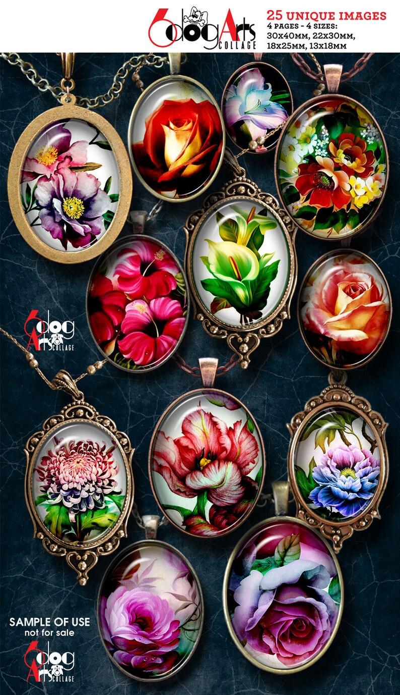 Op de afbeelding: Vijfentwintig unieke afbeeldingen van bloemmotieven in ovale frames met een gouden metalen rand. De afbeeldingen zijn gerangschikt in een collage op een donkerblauwe achtergrond. De afbeeldingen zijn 30x40mm, 22x30mm, 18x25mm en 13x18mm.