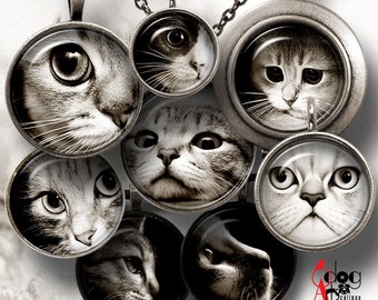 Sepia Cat Digital Collage Sheets Printable Downloads for Bottle Caps Pendants Paper Crafts 40mm, 1.5", 1.25", 1" 30mm, 25mm Circles JC-008C
