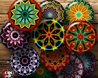 Kaleidoscope Mandala Digital Collage Sheets Printable Download Glass Cabochons Pendants 20mm, 18mm, 16mm, 14mm, 12mm Circles JC-166C