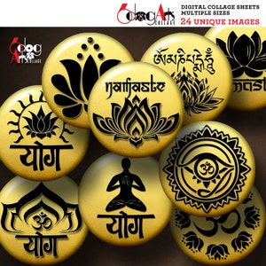 May include: A set of nine gold digital collage sheets featuring yoga-themed designs. The designs include lotus flowers, the Om symbol, and the word "yoga" in Sanskrit. The designs are in black and gold.