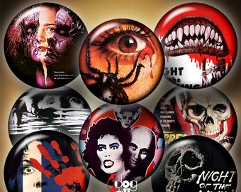 Pósteres de películas de terror vintage, círculos de 5 cm, hojas de collage digital imprimibles para posavasos, pisapapeles, imanes y álbumes de recortes JC-115H