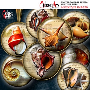 Hojas de collage digital de conchas marinas imprimibles para tapas de botellas, colgantes y manualidades de papel (círculos de 3,8 cm, 3,25 cm, 30 mm y 25 mm, JC-375)