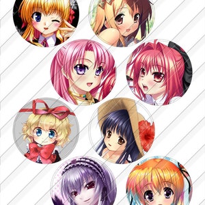 K&ouml;nnte beinhalten: Ein Satz von acht runden Aufklebern mit Anime-Illustrationen von M&auml;dchen mit verschiedenen Frisuren und Outfits. Die Aufkleber sind auf wei&szlig;em Hintergrund mit einem dezenten Gittermuster gedruckt.