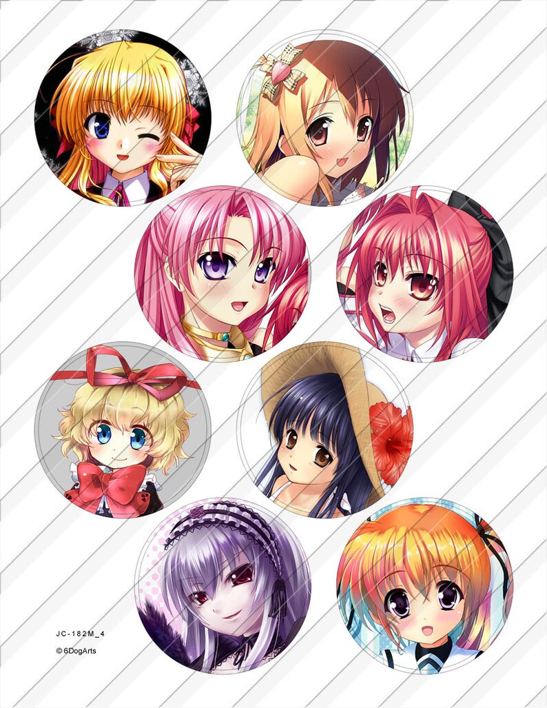 K&ouml;nnte beinhalten: Ein Satz von acht runden Aufklebern mit Anime-Illustrationen von M&auml;dchen mit verschiedenen Frisuren und Outfits. Die Aufkleber sind auf wei&szlig;em Hintergrund mit einem dezenten Gittermuster gedruckt.
