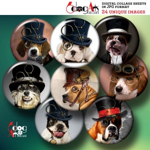 Steampunk Dog Digital Collage Sheets for Pendants Glass Cabochons Scrapbooking Crafts 1.5&quot;, 1.25&quot;, 30mm, 1&quot;, 25mm Circles JC-411C