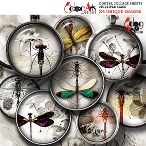 Dragonflies Minimal Digital Collage Sheets Printable Downloads for Pendants Cabochons Scrapbooking 20mm 18mm 16mm 14mm 12mm Circles JC-222
