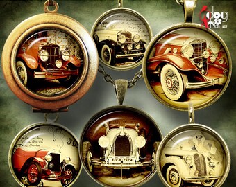 Old Car Digital Collage Sheets Printable Downloads for Bottle Caps Pendants Cabochons Scrapbooking 1.5", 1.25", 1", 30, 25mm Circles JC-250