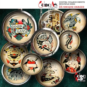 Tatouage rétro 20 mm, 18 mm, 16 mm, 14 mm, 12 mm Cercles Feuilles de collage numérique Téléchargements imprimables Mini capsules de bouteilles Pendentifs Scrapbooking JC-106