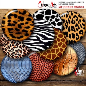 Könnte beinhalten: Ein Set mit 10 digitalen Collage-Blättern mit verschiedenen Tiermuster-Designs. Die Muster umfassen Leopard, Zebra, Giraffe, Gepard, Krokodil und Schlange. Die Blätter sind perfekt für Basteln, Scrapbooking und andere kreative Projekte.